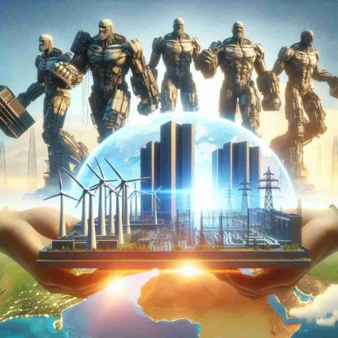 A high-definition, realistic picture that depicts a symbolic representation of a transformative energy investment. This involves four colossal, titanic structures, represented as immense metaphorical giants, cooperating together in a distinct global context. They are set against a backdrop of the world, evocatively symbolising international collaboration and change energy sector. There is dynamism and a sense of power in the picture that communicates the idea of 'game-changing'.