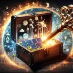 Visualize a high-definition, realistic image representing the concept of 'Unlocking the Secret to Future Wealth'. Illustrate this with a large, antique key about to unlock a resplendent chest filled with sustainable energy symbols like wind turbines, solar panels, and hydroelectric power examples. Surround these elements with a rich, glowing aura to symbolize the game-changing potential of investing in sustainable energy.