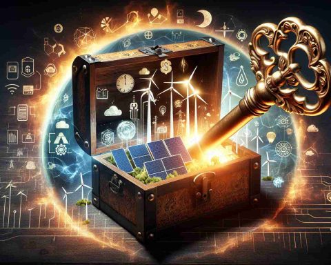 Visualize a high-definition, realistic image representing the concept of 'Unlocking the Secret to Future Wealth'. Illustrate this with a large, antique key about to unlock a resplendent chest filled with sustainable energy symbols like wind turbines, solar panels, and hydroelectric power examples. Surround these elements with a rich, glowing aura to symbolize the game-changing potential of investing in sustainable energy.