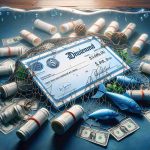 A high-resolution realistic representation of a metaphorical scene where a stock certificate is shown with a large dividend check but entangled in a fishing net, indicating a potential catch or complication.