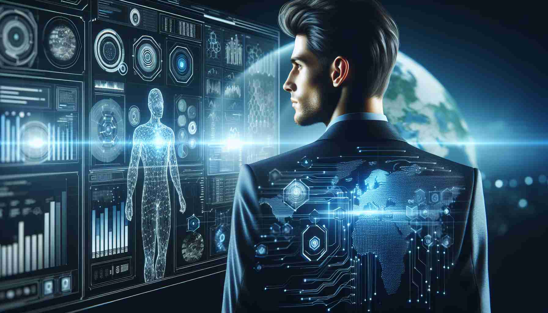 Realistic high-definition image of a tech expert causing a sensation among investors due to their groundbreaking innovations and ideas. This individual is confidently standing in front of a digital screen projecting complex data analytics and futuristic technology interfaces.