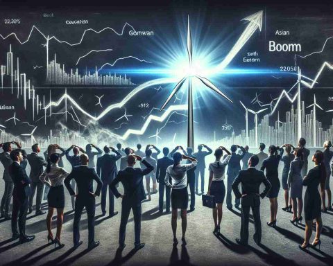 A high-definition, realistic image representing a metaphorical scenario where investors of a generic renewable energy company are on high alert due to the boom in the renewable energy sector. Depict a group of people (an equal mix of genders and various descents such as Black, Caucasian, Hispanic, Middle-Eastern, South Asian) examining a bright light symbolizing the boom, emanating from a wind turbine, one of the symbols of renewable energy.