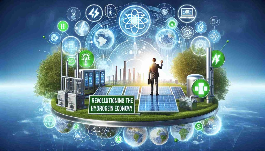 Realistic HD image depicting the concept of revolutionizing the hydrogen economy. This image could include visuals such as advanced technologies, green energy sources, and hydrogen fuel cells. The image could also have a symbolic representation of leadership to imply the leading role, but without reference to specific organizations or companies.