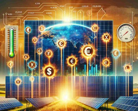 Create an HD quality image representing the revolution of solar energy. Depict vibrant sun rays falling on advanced solar panels spread across a sprawling field. Illustrate symbols of different global currencies like dollar, euro, yen, etc., interacting with the solar panels portraying their positive impact on various global economies. Additionally, display an energy meter showing the high energy output and a world map in the backdrop to symbolize the worldwide impact.