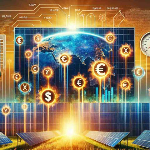 Create an HD quality image representing the revolution of solar energy. Depict vibrant sun rays falling on advanced solar panels spread across a sprawling field. Illustrate symbols of different global currencies like dollar, euro, yen, etc., interacting with the solar panels portraying their positive impact on various global economies. Additionally, display an energy meter showing the high energy output and a world map in the backdrop to symbolize the worldwide impact.