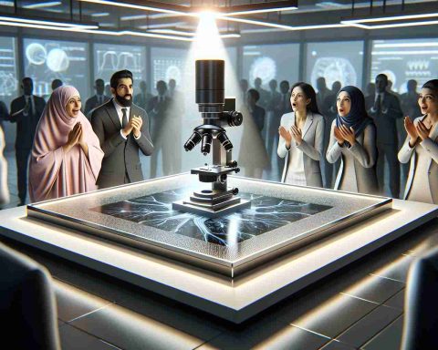 A high-definition, realistic digital image showcases the unveiling of an advanced microscopic technology. This new innovation positioned on a clean, modern lab table has spectators, including a Middle-Eastern woman and a South Asian man, both tech investors, marveling at its innovative design and the potential it holds for the future of technology investment. Correctly portrayed are their expressions of awe and anticipation, reflecting the high stakes and the promise of cutting-edge technology. Interest, excitement, and a sense of futuristic anticipation fill the room, encapsulating the transformative nature of this pivotal moment in tech investment.