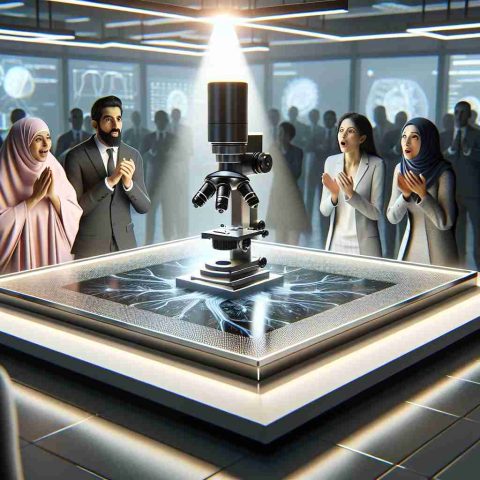 A high-definition, realistic digital image showcases the unveiling of an advanced microscopic technology. This new innovation positioned on a clean, modern lab table has spectators, including a Middle-Eastern woman and a South Asian man, both tech investors, marveling at its innovative design and the potential it holds for the future of technology investment. Correctly portrayed are their expressions of awe and anticipation, reflecting the high stakes and the promise of cutting-edge technology. Interest, excitement, and a sense of futuristic anticipation fill the room, encapsulating the transformative nature of this pivotal moment in tech investment.