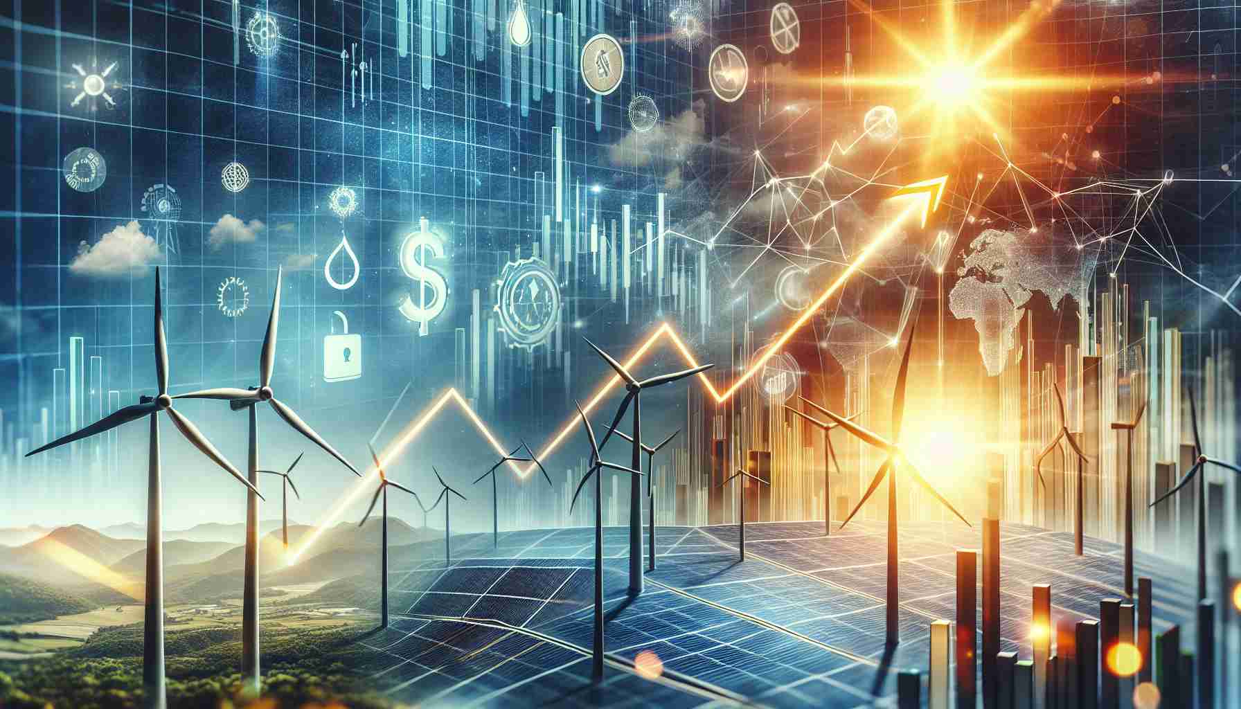 Create a realistic high-definition abstract representation conveying the concept of a potential game-changer in the energy sector. The image may include a rising graph, elements of renewable energy like wind turbines or solar panels, and symbols of the stock market. The overall visual composition should evoke a sense of surprise and potential breakthrough in the context of energy stock investment.