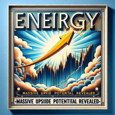 Detailed, high-definition visualization of a financial concept: The word 'Energy' is shown in bold, impactful typography. Above it, an illustrated graphic of a stock price chart shows a steep upwards curve, indicating a tremendous increase in its value. The phrase 'Massive Upside Potential Revealed' is placed below in smaller letters, adding a curiosity-invoking element. The background is a lively representation of a blue sky with fluffy clouds, emphasizing the 'skyrocket' metaphor and instilling a sense of optimism and positivity. The entire image is designed with an elegant corporate aesthetic.