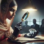 A high-definition image, styled realistically, featuring a metaphorical representation of discovering hidden opportunities. The scene showcases an individual, perhaps a South Asian female investor, with elegance, keenly examining an uncut gemstone under a magnifying glass. The gem represents investment opportunities usually ignored or overlooked by others. The ambiance suggests mystery and suspense, like a treasure hunter unravelling secret riches.