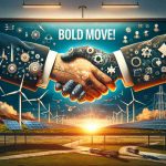 Generate a realistic HD image representing the concept of new partnerships being unveiled by a fictitious energy company. The visually striking scene should feature symbolic elements such as hands shaking or interlocking puzzle pieces, alongside relevant energy industry elements such as wind turbines, solar panels, and power lines. Include the words 'Bold Move!' prominently displayed in the design as an element of surprise and impact.