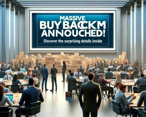 High-definition realistic image depicting the scene of a massive item buyback program. A large banner text reads, 'Massive Buyback Program Announced!' while a tease text below it says, 'Discover the Surprising Details Inside'. The setting is a busy business environment with people of varied descents and genders, some looking interested and surprised at the announcement.