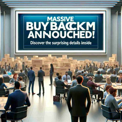 High-definition realistic image depicting the scene of a massive item buyback program. A large banner text reads, 'Massive Buyback Program Announced!' while a tease text below it says, 'Discover the Surprising Details Inside'. The setting is a busy business environment with people of varied descents and genders, some looking interested and surprised at the announcement.