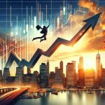 Create a highly detailed and hyper-realistic illustration symbolic of a market leap. Please include an interpretation of the leap shown through a dramatized upward swing on a graph or chart, against a backdrop of a bustling city's skyline during sunset. Remember, the art should convey a sense of surprise, triumph, and massive growth.