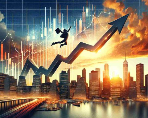 Create a highly detailed and hyper-realistic illustration symbolic of a market leap. Please include an interpretation of the leap shown through a dramatized upward swing on a graph or chart, against a backdrop of a bustling city's skyline during sunset. Remember, the art should convey a sense of surprise, triumph, and massive growth.