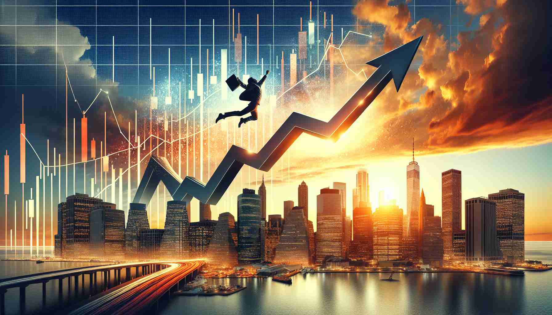 Create a highly detailed and hyper-realistic illustration symbolic of a market leap. Please include an interpretation of the leap shown through a dramatized upward swing on a graph or chart, against a backdrop of a bustling city's skyline during sunset. Remember, the art should convey a sense of surprise, triumph, and massive growth.