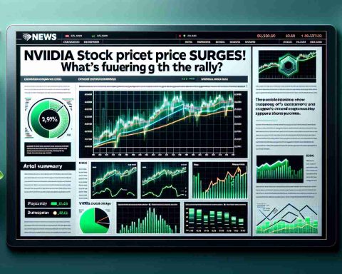 Image of a big, bold headline on a news website titled, 'NVIDIA stock price surges! What's fueling the rally?', with accompanying graphics of upward-trending line charts, bar graphs, and pie charts showing the company's positive performance. Adjacent to this, an article summary gives a brief overview of the favorable conditions supporting the stock's surge. The design should be realistic, resembling a financial news website, and the image to be in high definition (HD).