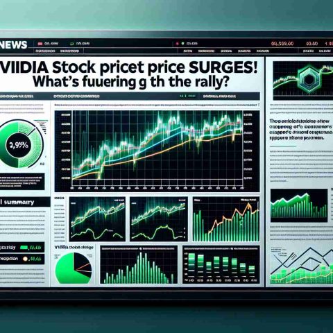 Image of a big, bold headline on a news website titled, 'NVIDIA stock price surges! What's fueling the rally?', with accompanying graphics of upward-trending line charts, bar graphs, and pie charts showing the company's positive performance. Adjacent to this, an article summary gives a brief overview of the favorable conditions supporting the stock's surge. The design should be realistic, resembling a financial news website, and the image to be in high definition (HD).