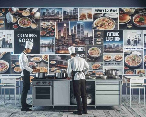 Create a realistic high-definition image. Display a commercial kitchen bustling with activity. Display a mix of Caucasian and Hispanic chefs preparing various types of food. These dishes symbolize the company's future diversification into different cuisines. Visualize a wall in the background with posters showcasing plans for expansion, that hint at moves beyond an Initial Public Offering (IPO). Promo materials like 'Coming Soon' and 'Future Location' will signify the company's intent for future expansion.