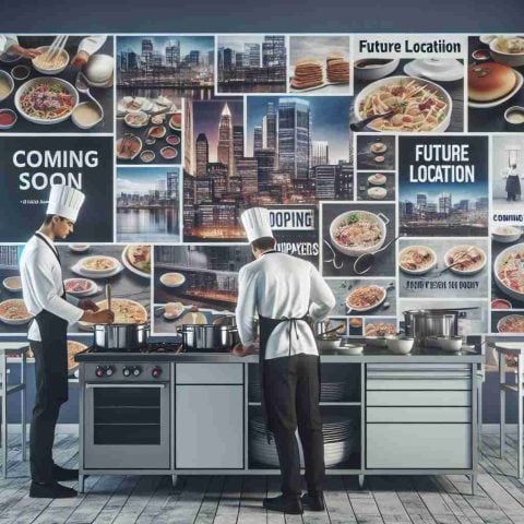 Create a realistic high-definition image. Display a commercial kitchen bustling with activity. Display a mix of Caucasian and Hispanic chefs preparing various types of food. These dishes symbolize the company's future diversification into different cuisines. Visualize a wall in the background with posters showcasing plans for expansion, that hint at moves beyond an Initial Public Offering (IPO). Promo materials like 'Coming Soon' and 'Future Location' will signify the company's intent for future expansion.