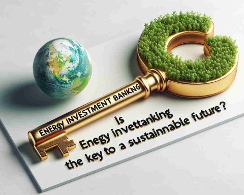 A visual representation of the concept 'Is Energy Investment Banking the Key to a Sustainable Future?' - An image of a large golden key labelled 'Energy Investment Banking', with a sustainable, green Earth as the teeth of the key. The background is a clean, white backdrop. Below the key, in legible black font, include the question 'Is Energy Investment Banking the Key to a Sustainable Future?'