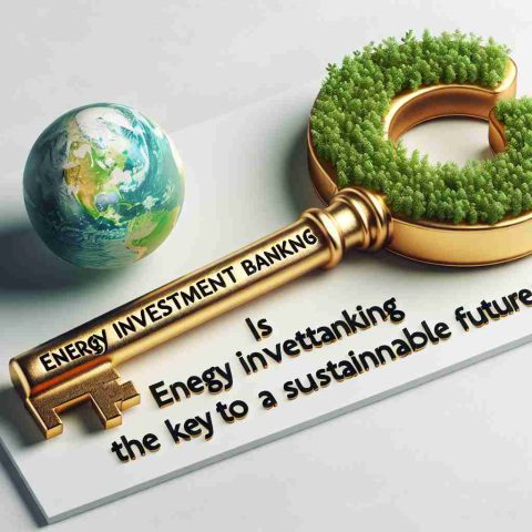 A visual representation of the concept 'Is Energy Investment Banking the Key to a Sustainable Future?' - An image of a large golden key labelled 'Energy Investment Banking', with a sustainable, green Earth as the teeth of the key. The background is a clean, white backdrop. Below the key, in legible black font, include the question 'Is Energy Investment Banking the Key to a Sustainable Future?'