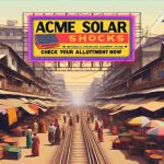 Generate a realistic, high-definition image of a traditional market scene bustling with activity. Center the scene on a vibrant sign that reads 'ACME Solar Shocks' and includes the text 'Check Your Allotment Now'.