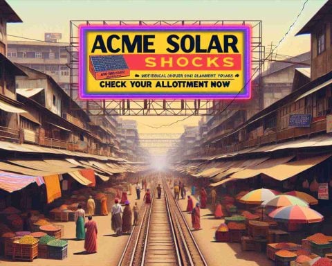 Generate a realistic, high-definition image of a traditional market scene bustling with activity. Center the scene on a vibrant sign that reads 'ACME Solar Shocks' and includes the text 'Check Your Allotment Now'.