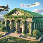 A high definition, realistic style image of a concept related to banking and environment. The scene displays a large traditional bank building made of sandstone, with lush green vines climbing on its exterior, symbolizing the integration of financial institutions with eco-friendly initiatives. In the sky above, there's a banner waved by a biplane, reading 'Discover the Surprising Move'. The scene aims to communicate the question, 'How Green is Your Bank?' thus signifying the balance between finance and nature.