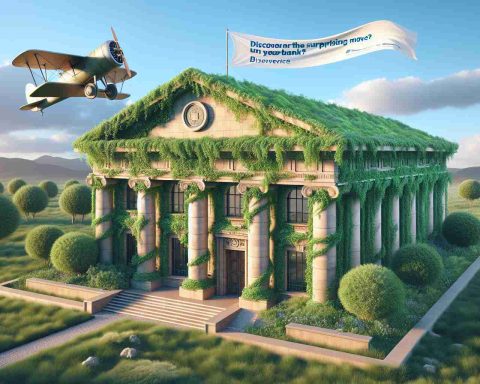 A high definition, realistic style image of a concept related to banking and environment. The scene displays a large traditional bank building made of sandstone, with lush green vines climbing on its exterior, symbolizing the integration of financial institutions with eco-friendly initiatives. In the sky above, there's a banner waved by a biplane, reading 'Discover the Surprising Move'. The scene aims to communicate the question, 'How Green is Your Bank?' thus signifying the balance between finance and nature.