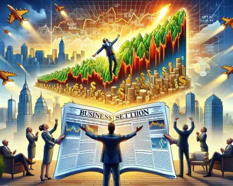 Generate a high-definition, realistic picture portraying the incredible success of an Initial Public Offering (IPO). The image could include charts showcasing skyrocketing share prices, a celebratory environment, and possibly a copy of the business section of the newspaper with headlines that are hard to believe due to the remarkable success.