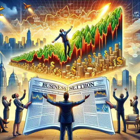 Generate a high-definition, realistic picture portraying the incredible success of an Initial Public Offering (IPO). The image could include charts showcasing skyrocketing share prices, a celebratory environment, and possibly a copy of the business section of the newspaper with headlines that are hard to believe due to the remarkable success.