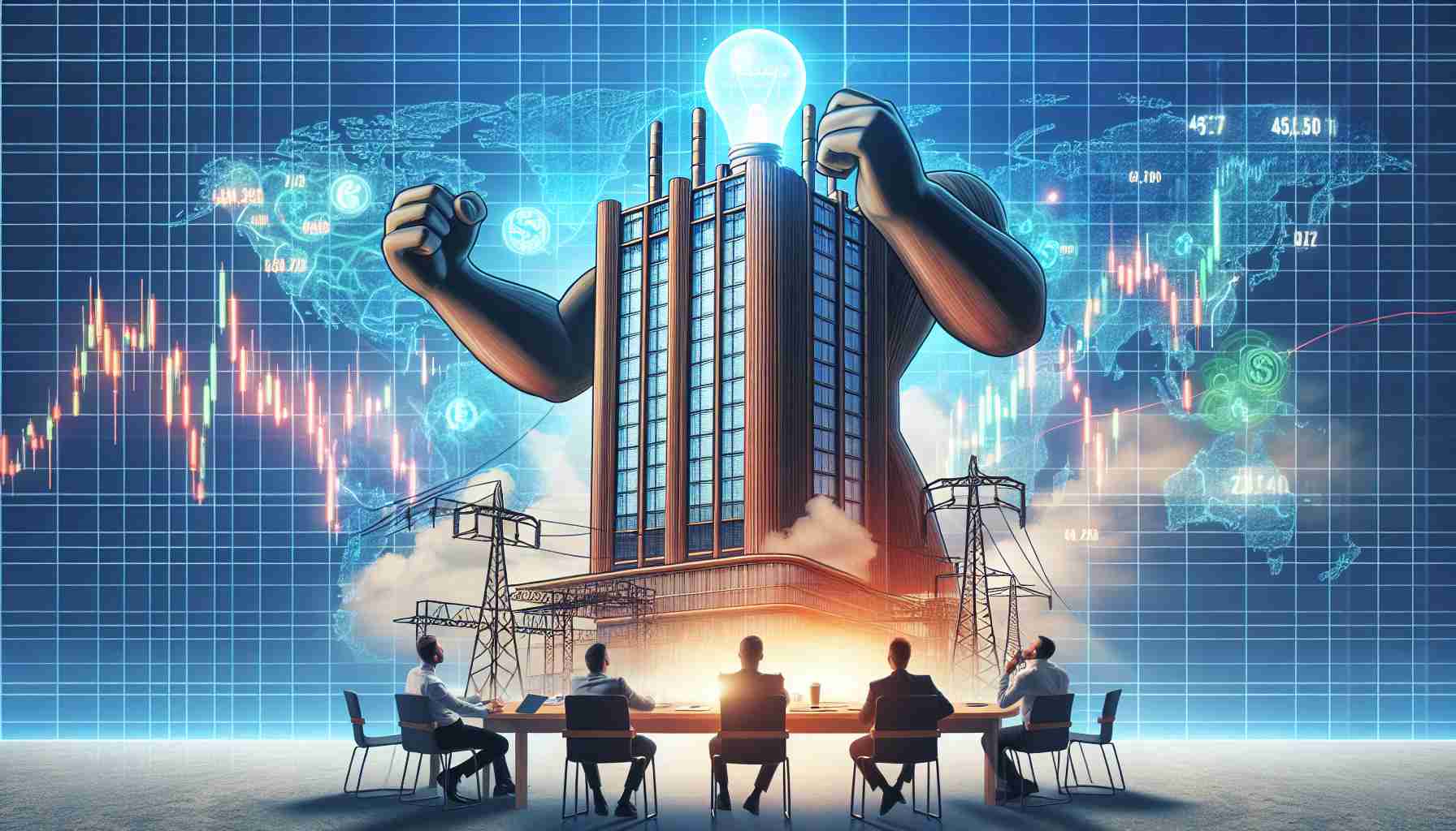 Generate an HD image depicting an exciting announcement about a potential Initial Public Offering (IPO) from a major energy corporation. The scene shows curiosity and buzz among investors, featuring stock market charts in the background highlighting the potential of the energy sector. The corporation is symbolized by a towering structure in the image, representing its giant status in the industry.