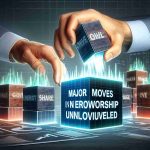 Create a realistic high-definition image representing the concept of Investment Shake-Up. This concept can be visualized with large blocks, each one symbolizing a share in a hypothetical energy company, being rearranged or shuffled around. In the foreground, depict hands moving these blocks in a dynamic shake-up. The text 'Major Moves in Energy Ownership Unveiled' should be prominently displayed.