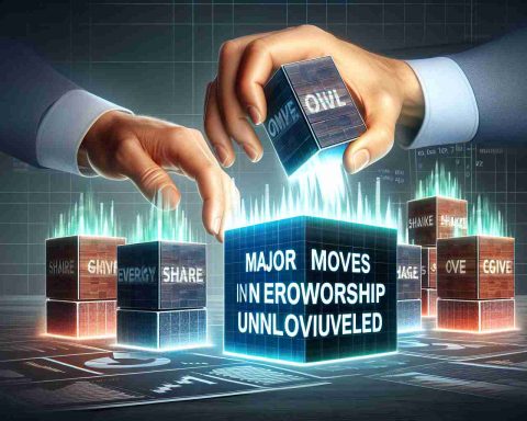 Create a realistic high-definition image representing the concept of Investment Shake-Up. This concept can be visualized with large blocks, each one symbolizing a share in a hypothetical energy company, being rearranged or shuffled around. In the foreground, depict hands moving these blocks in a dynamic shake-up. The text 'Major Moves in Energy Ownership Unveiled' should be prominently displayed.