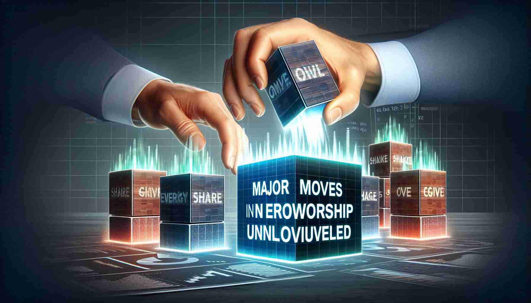 Create a realistic high-definition image representing the concept of Investment Shake-Up. This concept can be visualized with large blocks, each one symbolizing a share in a hypothetical energy company, being rearranged or shuffled around. In the foreground, depict hands moving these blocks in a dynamic shake-up. The text 'Major Moves in Energy Ownership Unveiled' should be prominently displayed.