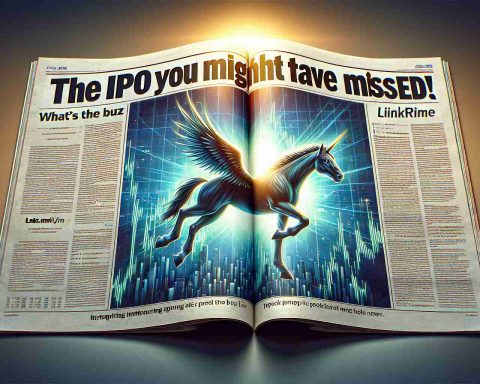 High-definition illustration portraying a newspaper spread. The headline reads, 'The IPO You Might Have Missed!' with a subheadline following, 'What's the Buzz About LinkTime?'. The spread could include artistic depictions of stock market graphs and a dramatic intensifying glow showcasing the importance of the news.