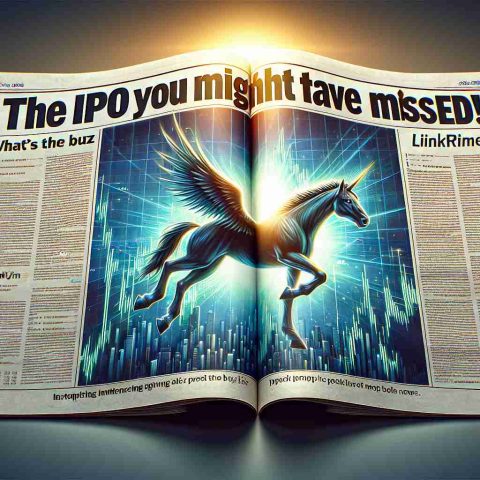 High-definition illustration portraying a newspaper spread. The headline reads, 'The IPO You Might Have Missed!' with a subheadline following, 'What's the Buzz About LinkTime?'. The spread could include artistic depictions of stock market graphs and a dramatic intensifying glow showcasing the importance of the news.