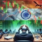 Generate a high-definition realistic image depicting an abstract concept of a stock market shock in India. Include elements such as stock market charts showing a significant downward trend, distressed investors closely following the news, and the Indian flag for context. Avoid any portrayal of specific individuals or discriminatory stereotypes.