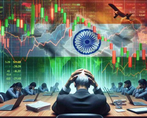 Generate a high-definition realistic image depicting an abstract concept of a stock market shock in India. Include elements such as stock market charts showing a significant downward trend, distressed investors closely following the news, and the Indian flag for context. Avoid any portrayal of specific individuals or discriminatory stereotypes.