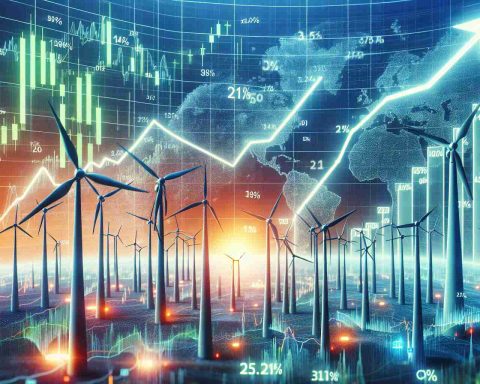 High-definition graphic visualizing significant fluctuations in energy stocks.  This scene should suggest the beginning of a new age in energy sector investing with rising line graphs, bar charts, and percentage increase in stocks of windmills, solar panels, and other renewable energy sources.