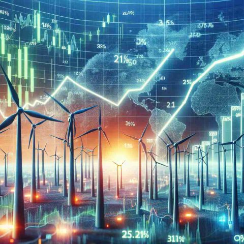 High-definition graphic visualizing significant fluctuations in energy stocks.  This scene should suggest the beginning of a new age in energy sector investing with rising line graphs, bar charts, and percentage increase in stocks of windmills, solar panels, and other renewable energy sources.