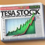 A high definition, realistic image of an illustrative newspaper headline reading 'Tesla Stock: A Surprising Twist. The Unexpected Driver of Growth' with a graph below showing a significant upward trend. The graph should have the X-axis labeled 'Time' and the Y-axis labeled 'Stock Price'. The stocks are depicted by a green line that dramatically curves upward, indicating a sudden surge in growth.