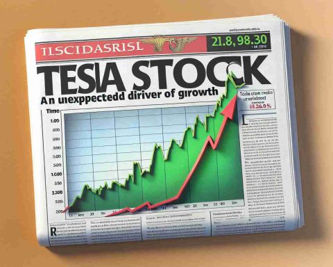 A high definition, realistic image of an illustrative newspaper headline reading 'Tesla Stock: A Surprising Twist. The Unexpected Driver of Growth' with a graph below showing a significant upward trend. The graph should have the X-axis labeled 'Time' and the Y-axis labeled 'Stock Price'. The stocks are depicted by a green line that dramatically curves upward, indicating a sudden surge in growth.