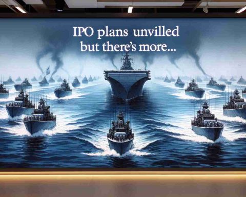 Display an ultra high-definition, realistic illustration of a naval unit, possibly a fleet of warships, on the move in the open sea. The atmosphere should indicate a significant event, capturing the gravity of a 'big move'. There is a headline or banner in the air saying 'IPO Plans Unveiled But There’s More…' to heighten the intrigue.