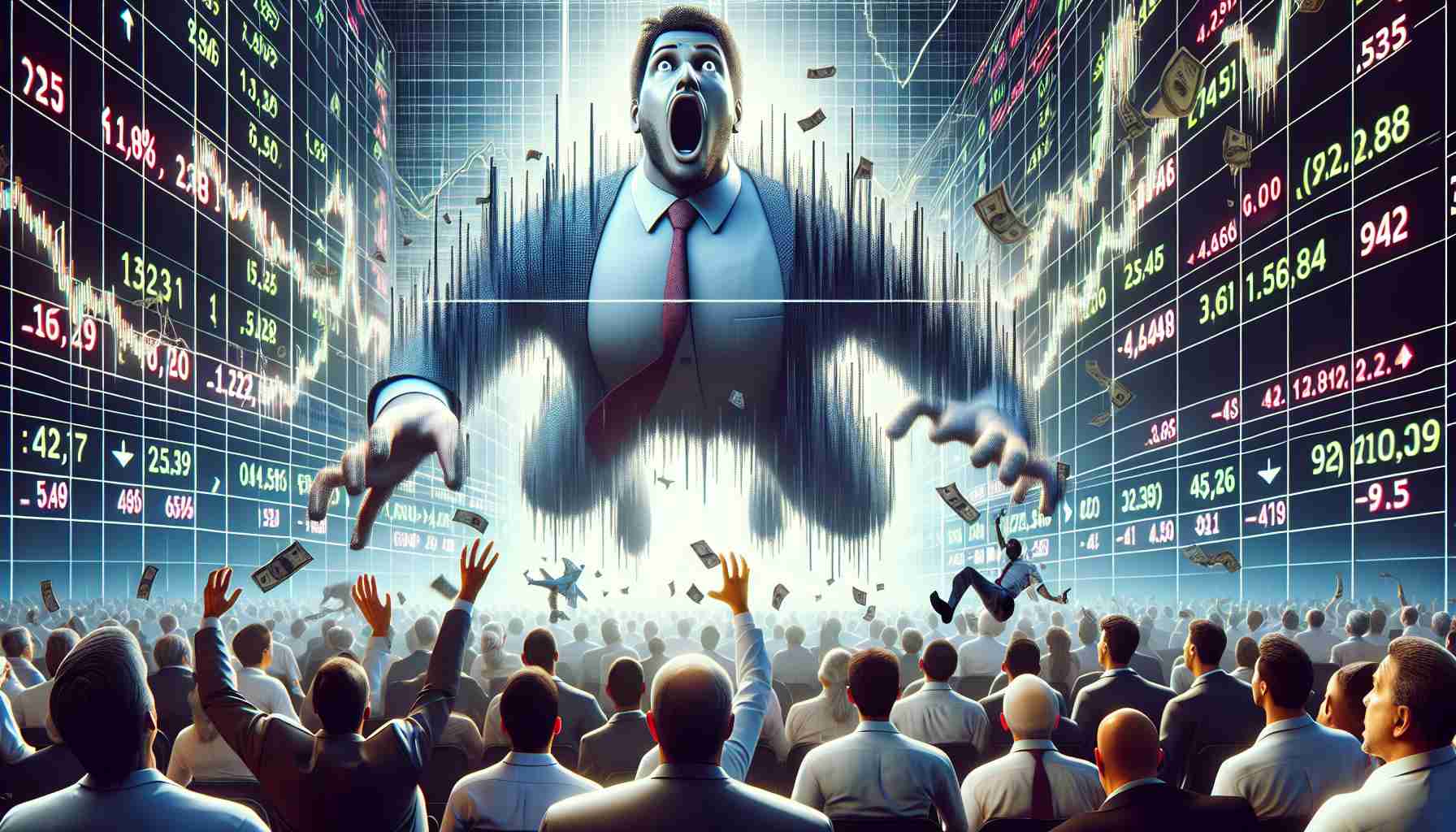 Produce a realistic high-definition representation of a dramatic stock market scene, focusing on a sudden unexpected twist affecting the shares of a hypothetical electronics corporation based in India. The image should depict animated graph lines, numbers fluctuating rapidly, and investors expressing shock and surprise.