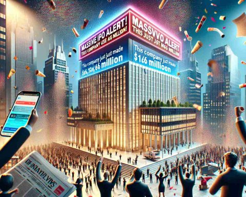 A visually stunning and high-definition representation of a financial milestone, showcasing a vast building representing a successful company. Surrounding the building are prominent signs and billboards displaying the message 'Massive IPO Alert! This Company Just Made $166 Million'. In the foreground, a newspaper headline or a mobile notification pops up, revealing the same financial feat. The overall atmosphere is celebratory, with confetti in the air and people of different descents and genders jubilating, encapsulating the magnitude of the achievement. The colors in the scene are vibrant and draw attention to the prosperity being celebrated.