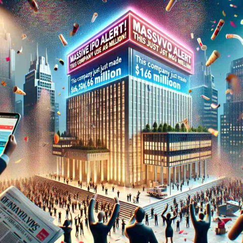 A visually stunning and high-definition representation of a financial milestone, showcasing a vast building representing a successful company. Surrounding the building are prominent signs and billboards displaying the message 'Massive IPO Alert! This Company Just Made $166 Million'. In the foreground, a newspaper headline or a mobile notification pops up, revealing the same financial feat. The overall atmosphere is celebratory, with confetti in the air and people of different descents and genders jubilating, encapsulating the magnitude of the achievement. The colors in the scene are vibrant and draw attention to the prosperity being celebrated.