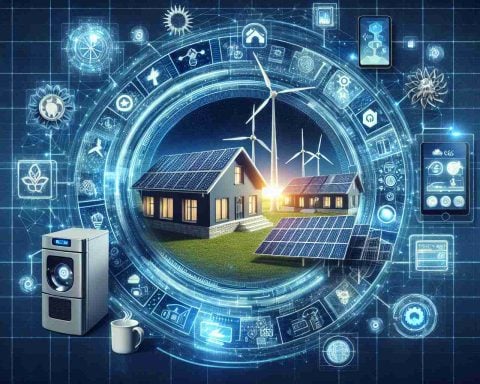 Generate a high-definition realistic image illustrating the future of home energy. This depiction should show elements of renewable energy, including solar panels, wind turbines, and energy-efficient home appliances, interacting with artificial intelligence systems which may include smart home devices and energy management applications on screens. Use of futuristic design elements and a hint of digital interfaces is encouraged to emphasize the technology-driven transformation of home energy.