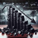 A striking, high-definition image representing the unexpected twist of events for a major coal industry company in India. It's a dramatic conceptual image, showing a bar graph with falling lines depicting a market drop. The graph is carved from chunks of real coal on a polished mahogany table, representing the coal industry. The background is filled with abstract symbols and elements of financial markets and uncertainties.